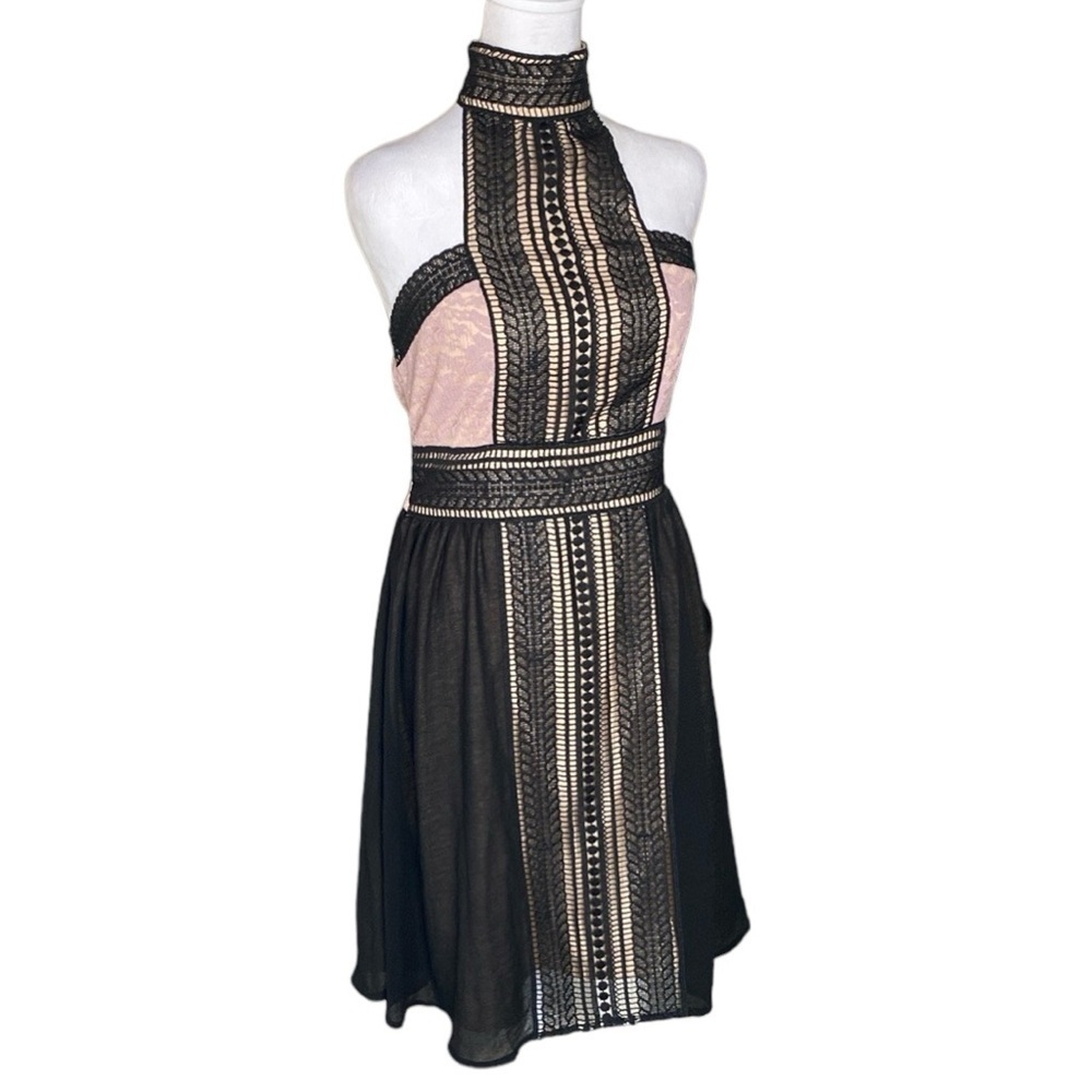 Venus Womens A Line Dress Black Mauve Color Block Halter Neck Lace Trim size S